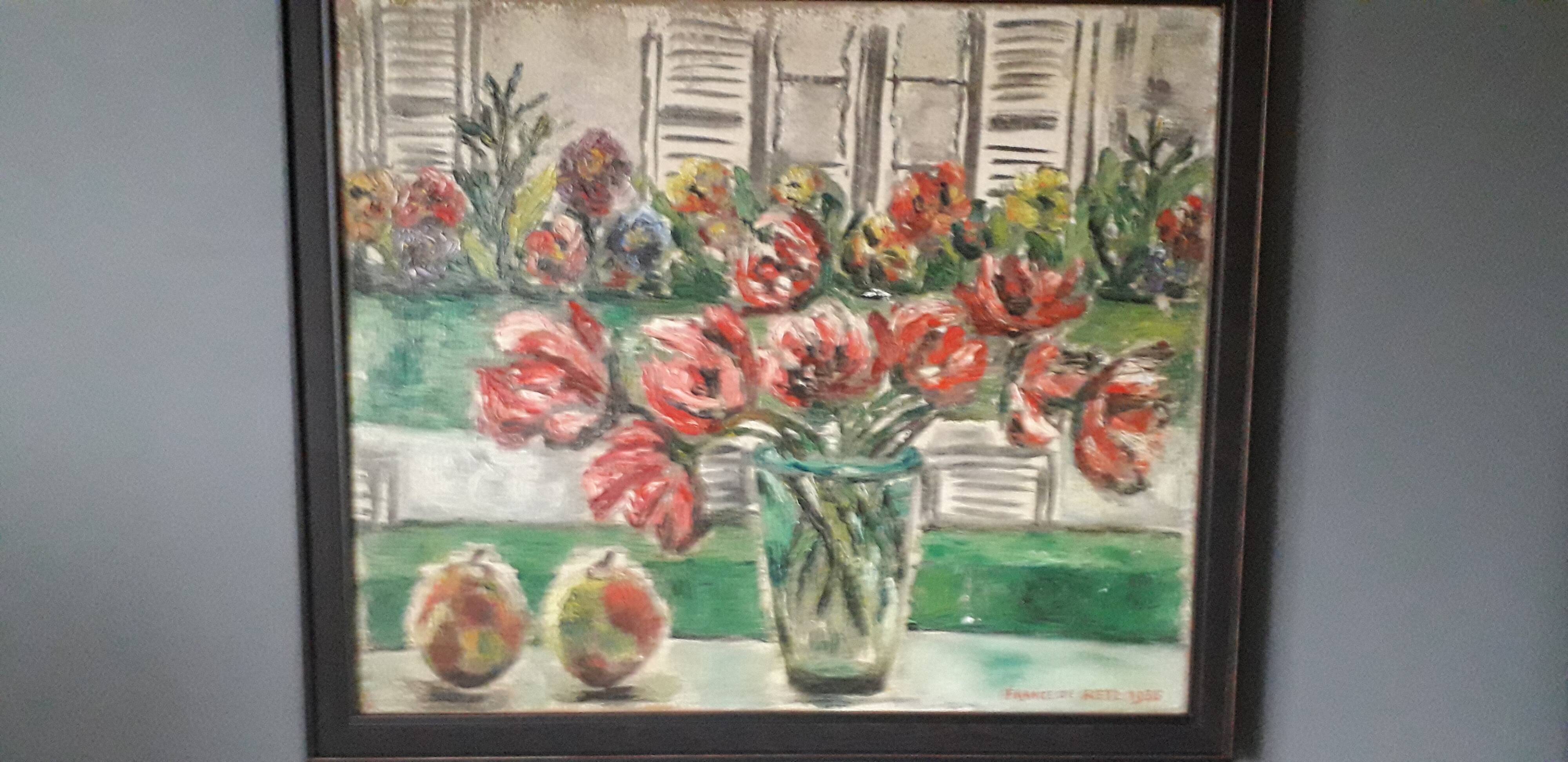 Antique oil painting depicting a still life