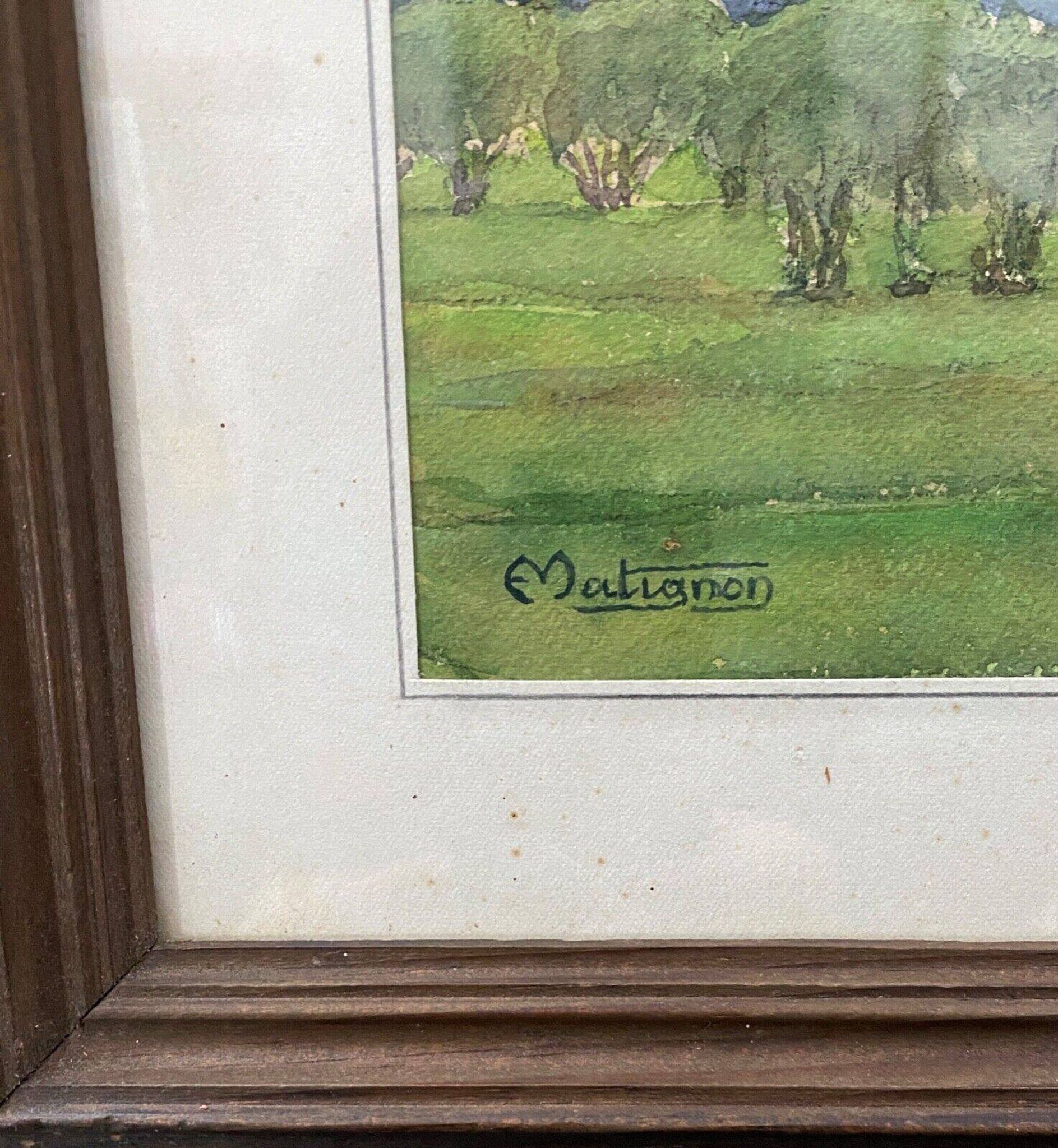 Watercolor rural landscape by Matignon 20th wooden frame