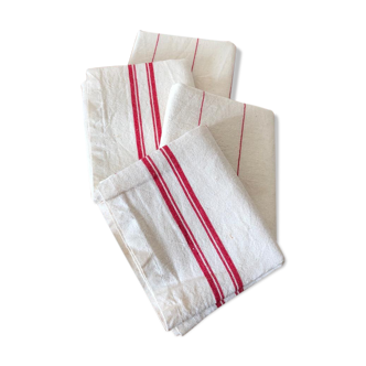 set of 4 new tea towels in white cotton & red stripes