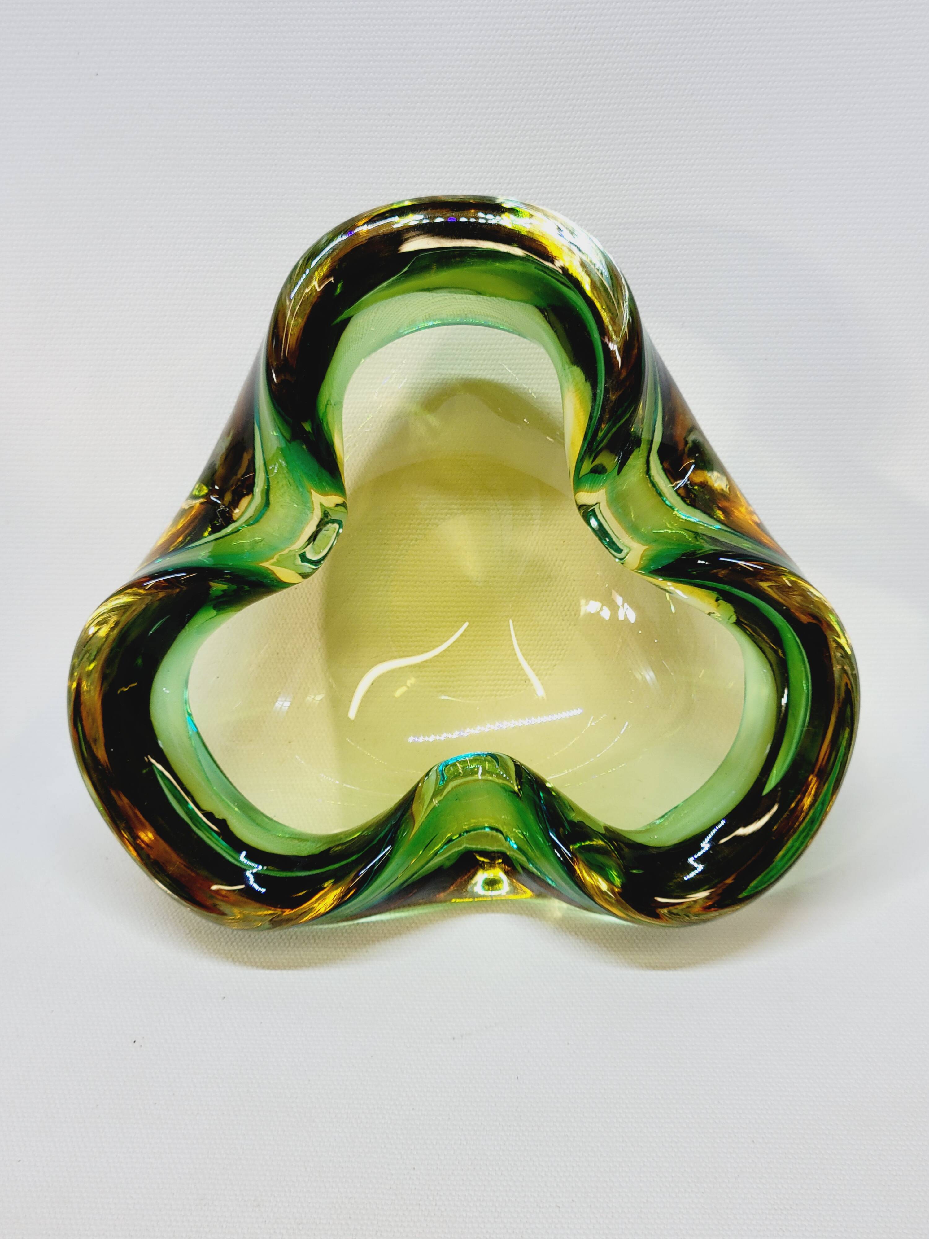Empty Pocket Cup Ashtray Vintage Murano Glass Sommerso Green and Yellow