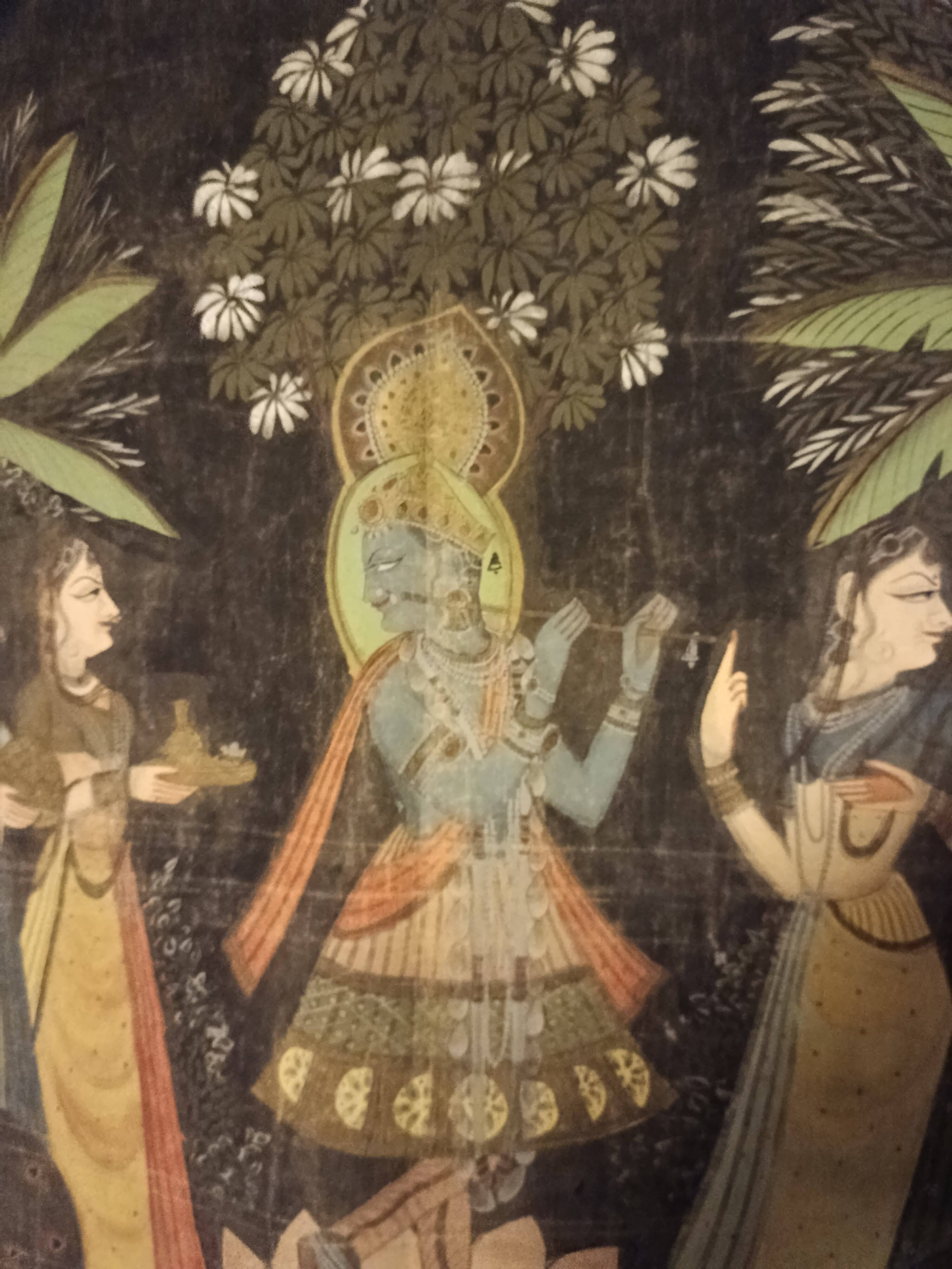 INDIA PICHWAI painting on silk KRISHNA RADHA GOPIS, Kanera Rajasthan mid 20th century
