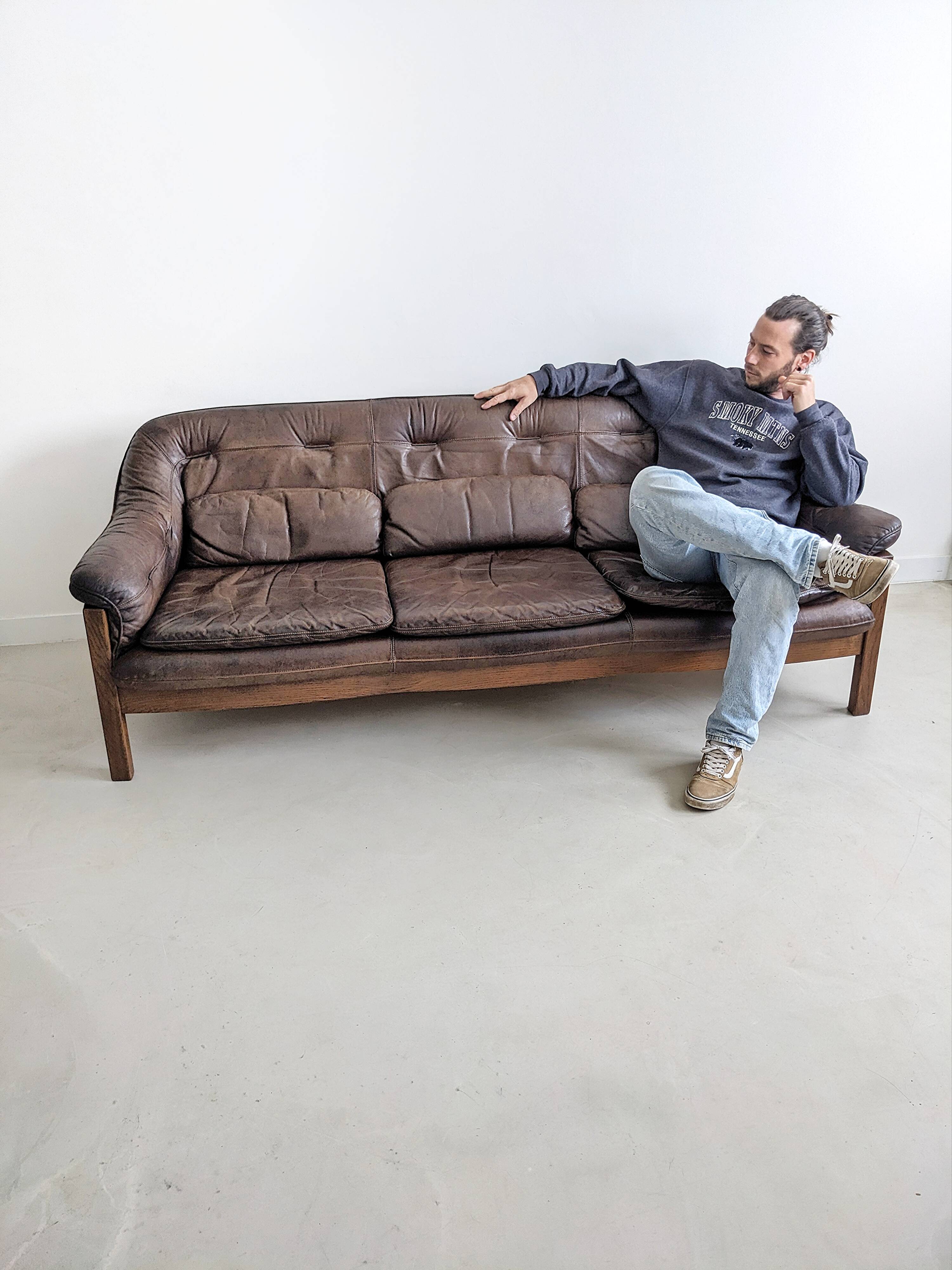 Brutalist Set of Leather Sofa & Loungechair by Hain & Thome 1970's