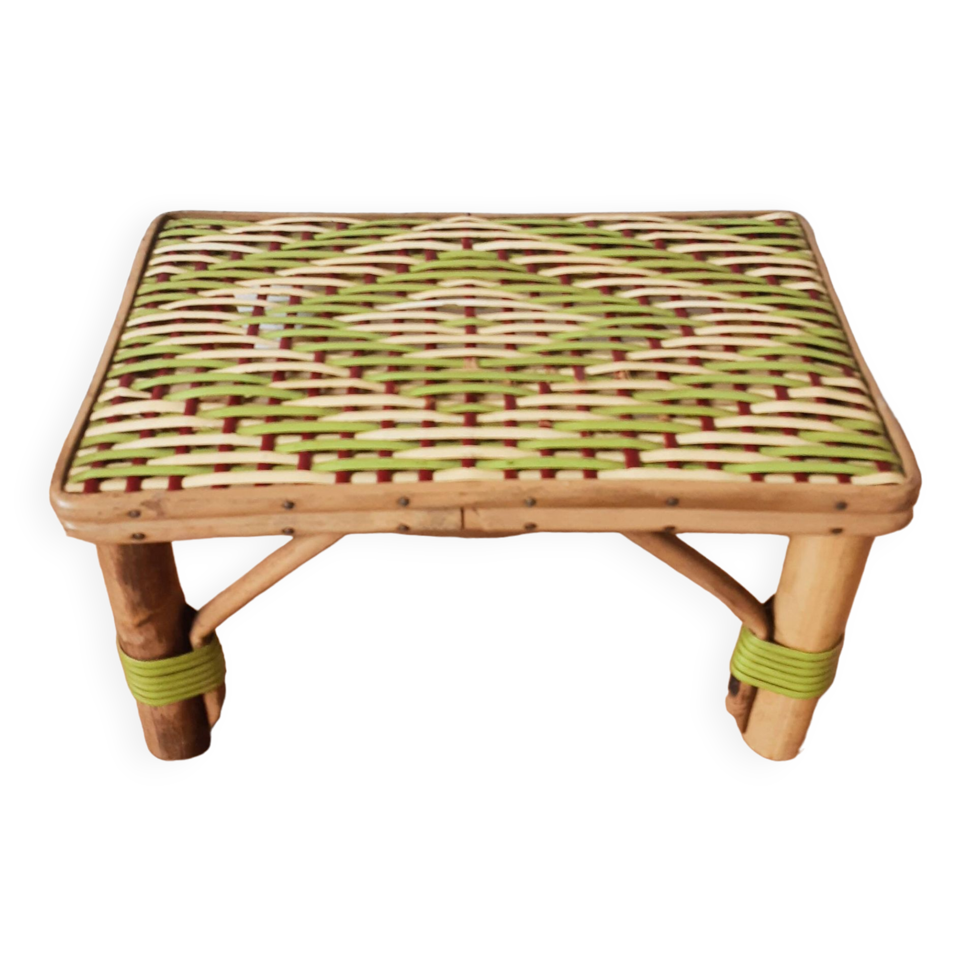 Bench, low wooden and rattan stool, plant holder