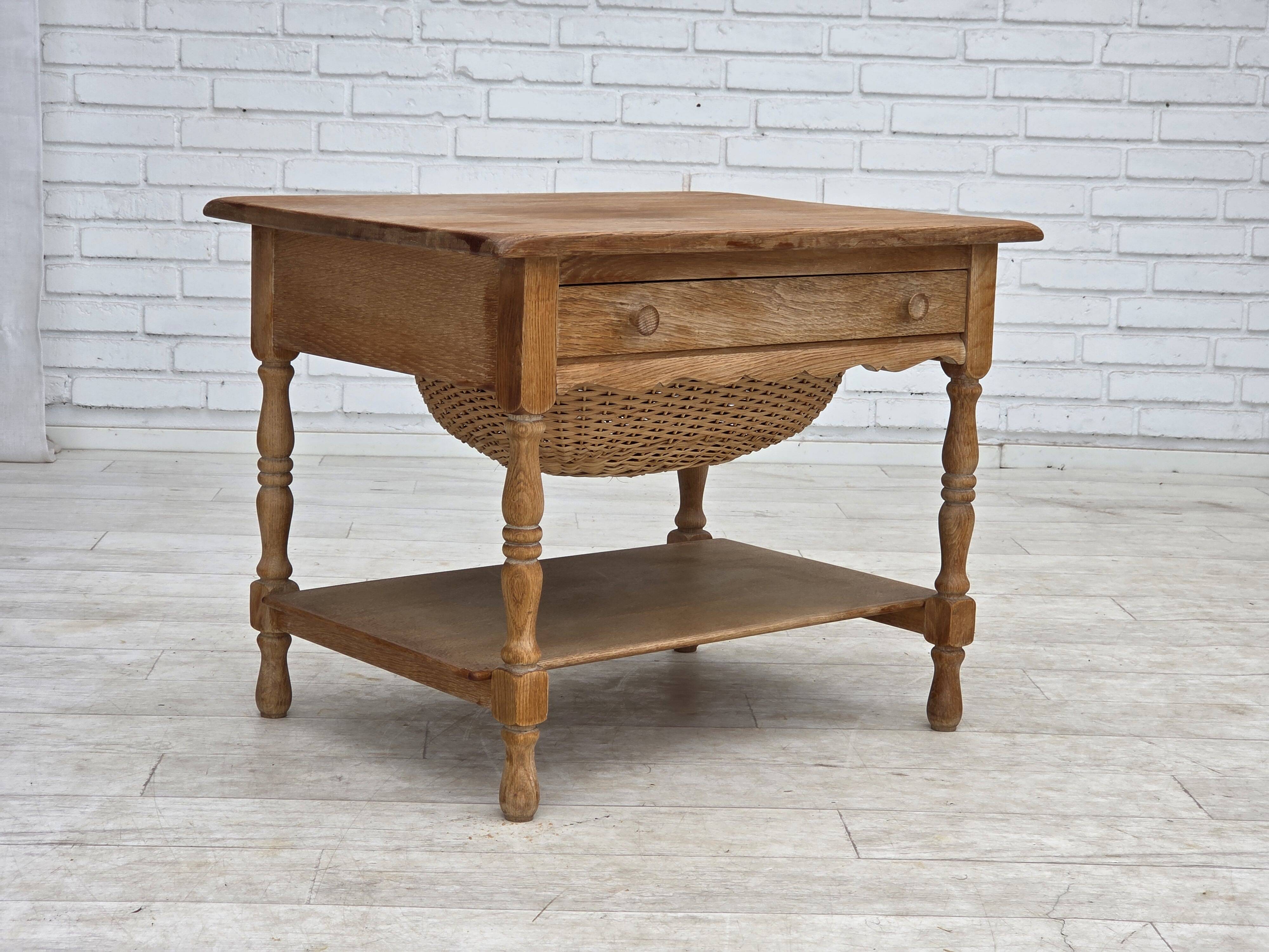 1970s, Scandinavian side table with drawers, solid oak wood, rattan.