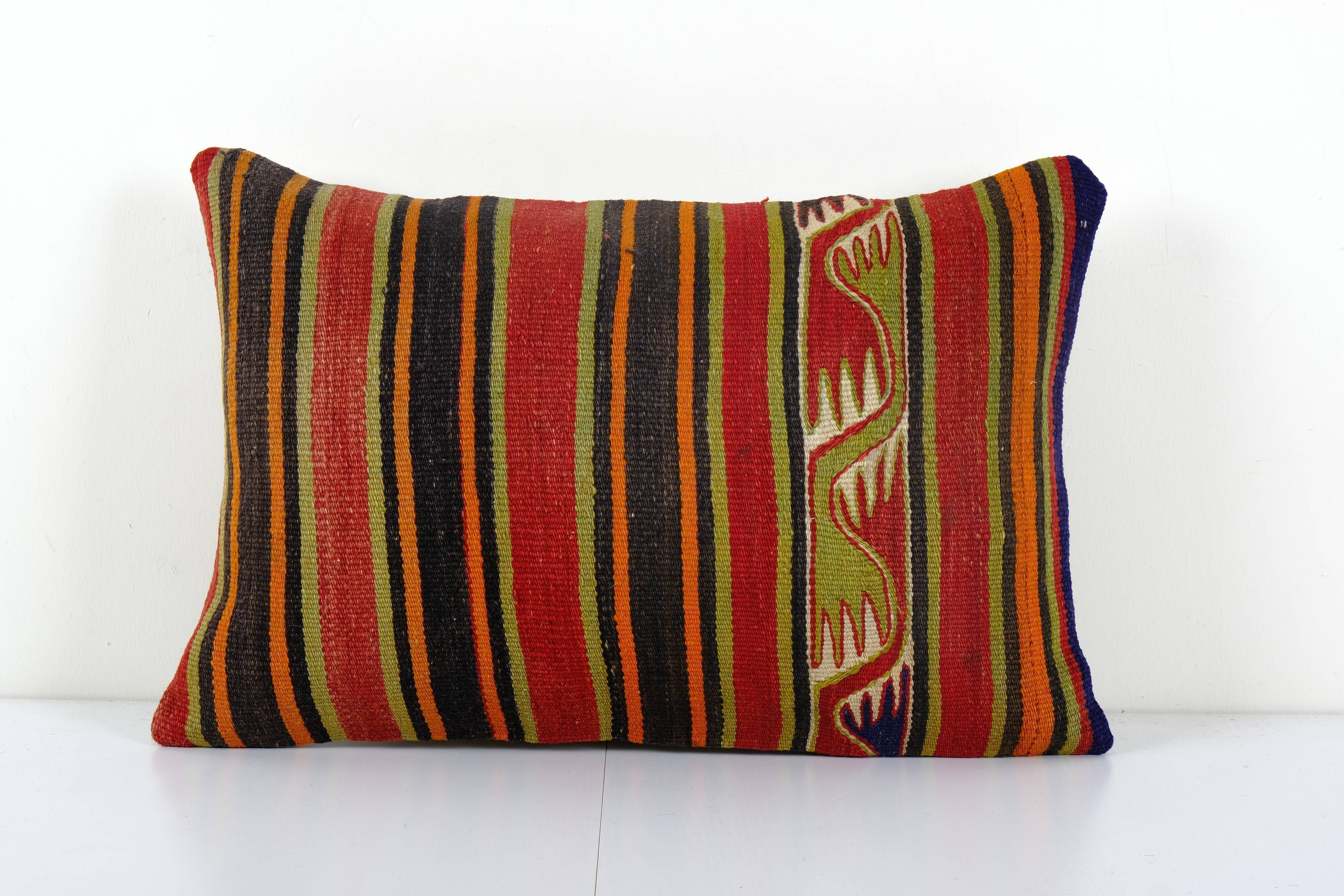 Striped Turkish Kilim Pillow Cover, Cottage Decor Kilim Lumbar Pillow Cover, Unique Patterned Throw