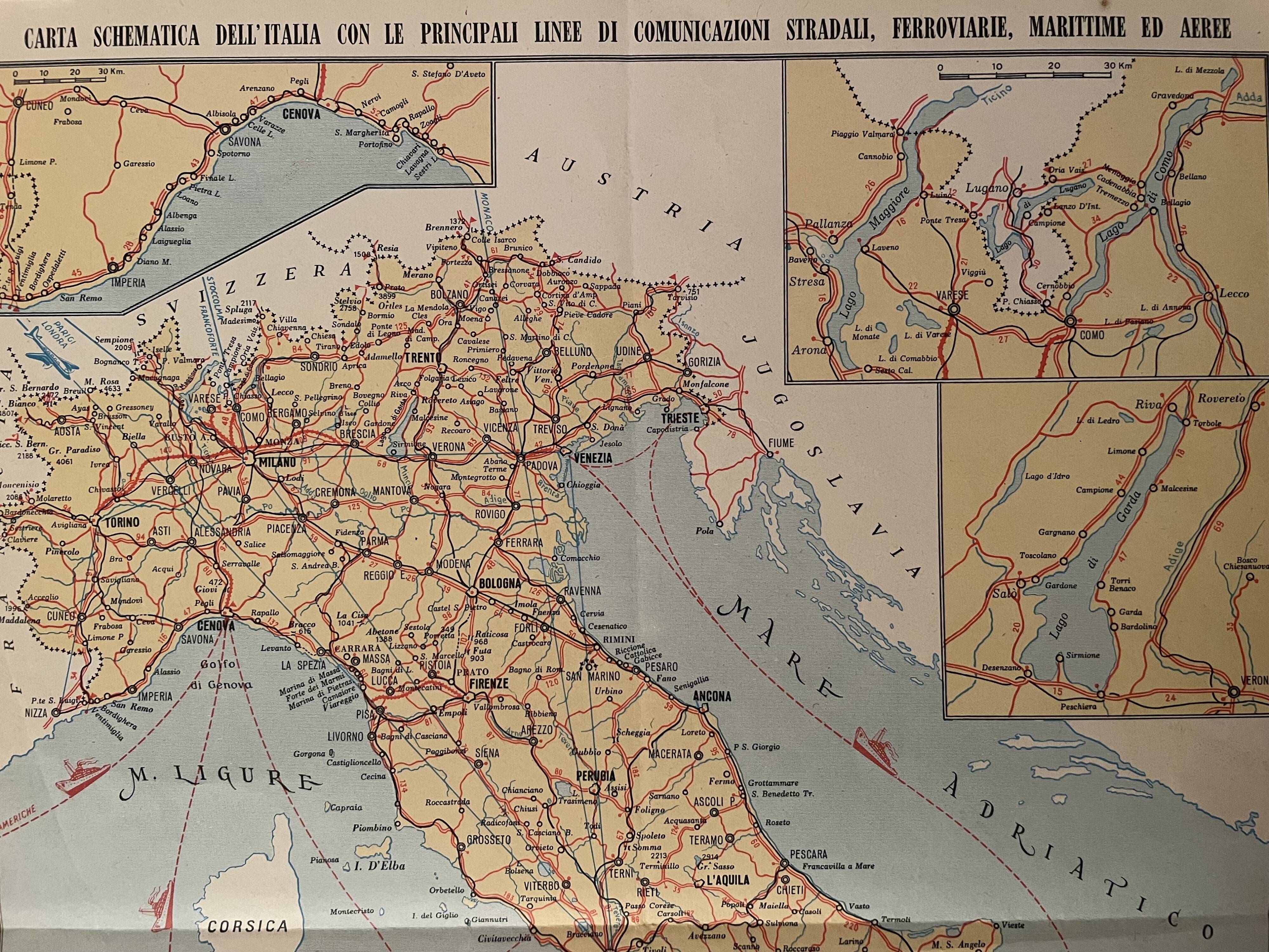 Old poster map of Italy and major twentieth-century transport routes