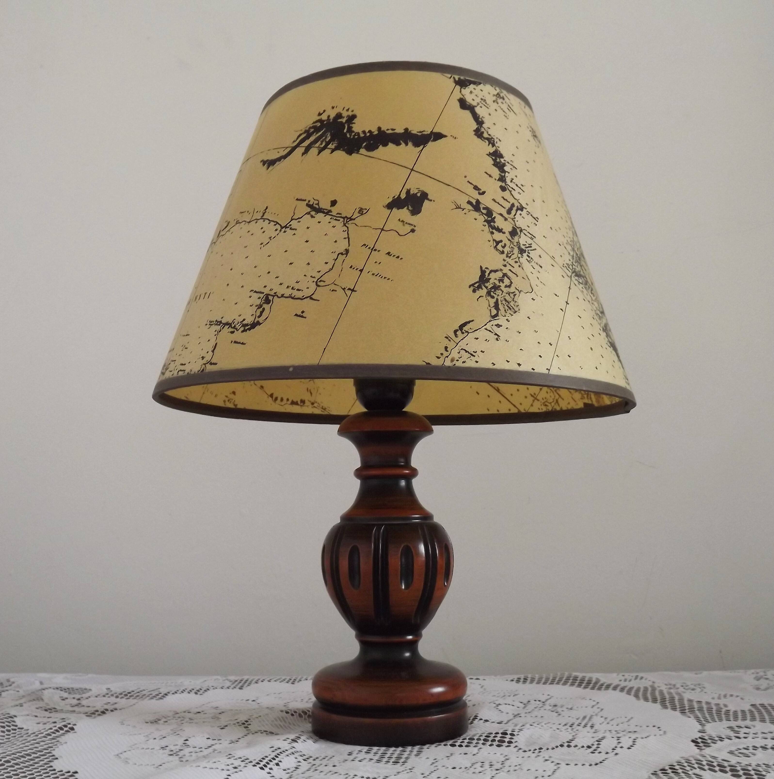 French Mid Century Round Turned Wood Grooved Table Lamp Map Detail Shade