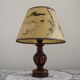French Mid Century Round Turned Wood Grooved Table Lamp Map Detail Shade