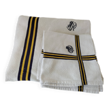 Nappe et 5 serviettes basques vintage en coton à chevrons bleu et jaune