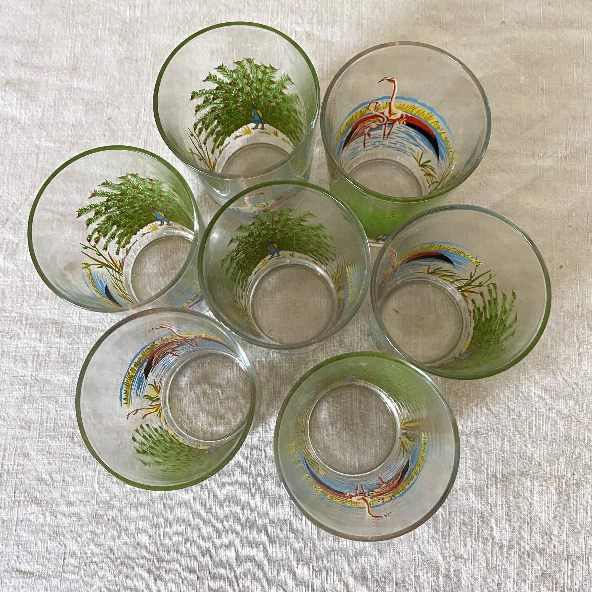 Verres à eau vintage décorés , flamand rose et paon