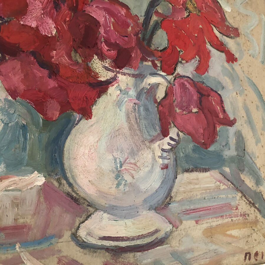 Table oil, still life, curly tulips