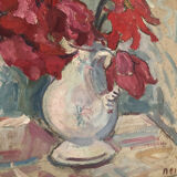 Table oil, still life, curly tulips