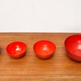Modern mid-century red enamel bowl sets by Kaj Franck for Finel, Finland, 1960s, set of 4.