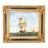 Tableau à l'huile d'un bateau en mer. Cadre baroque en bois d'origine.