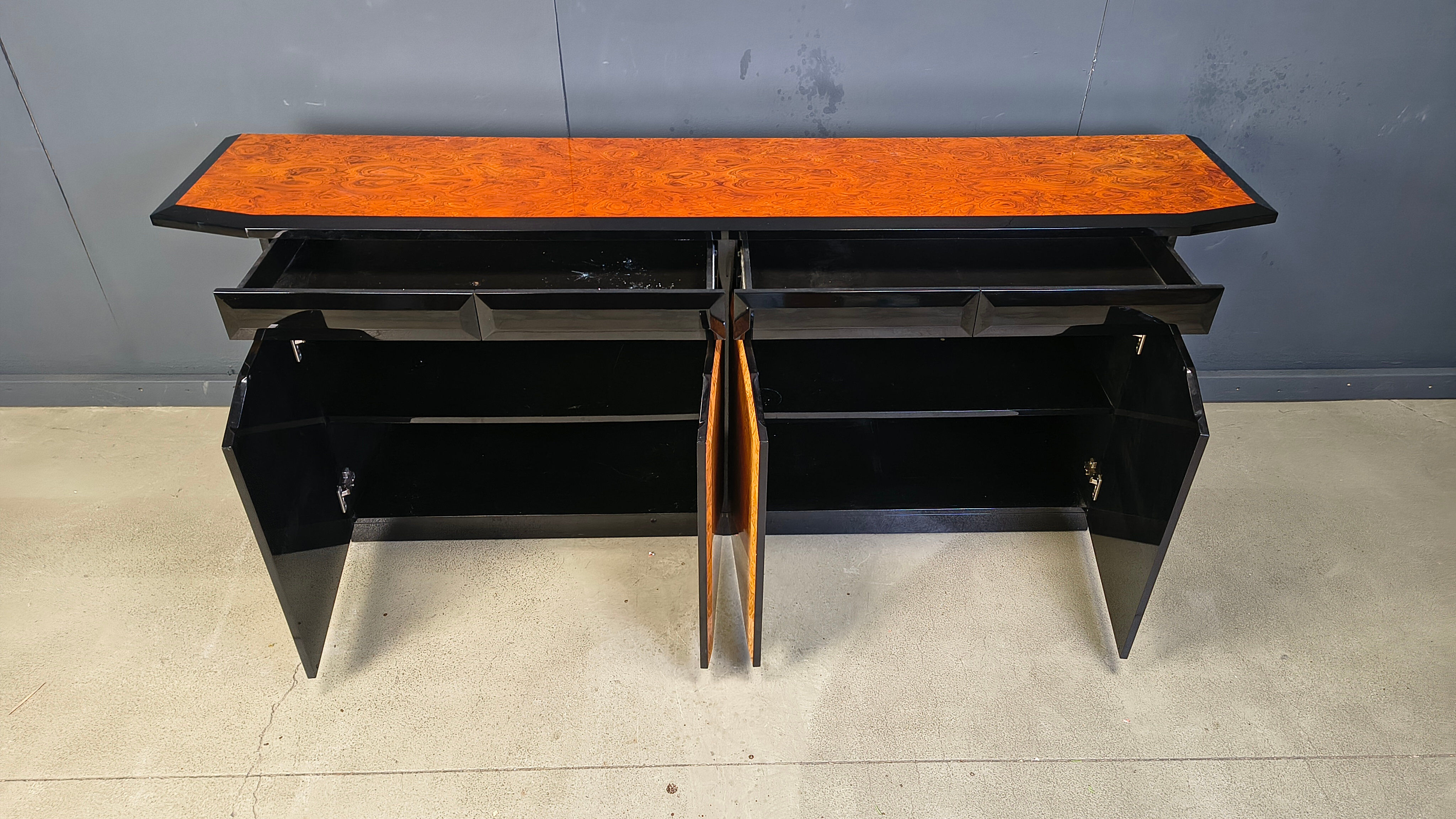 Vintage lacquer and burl wood credenza, 1980s