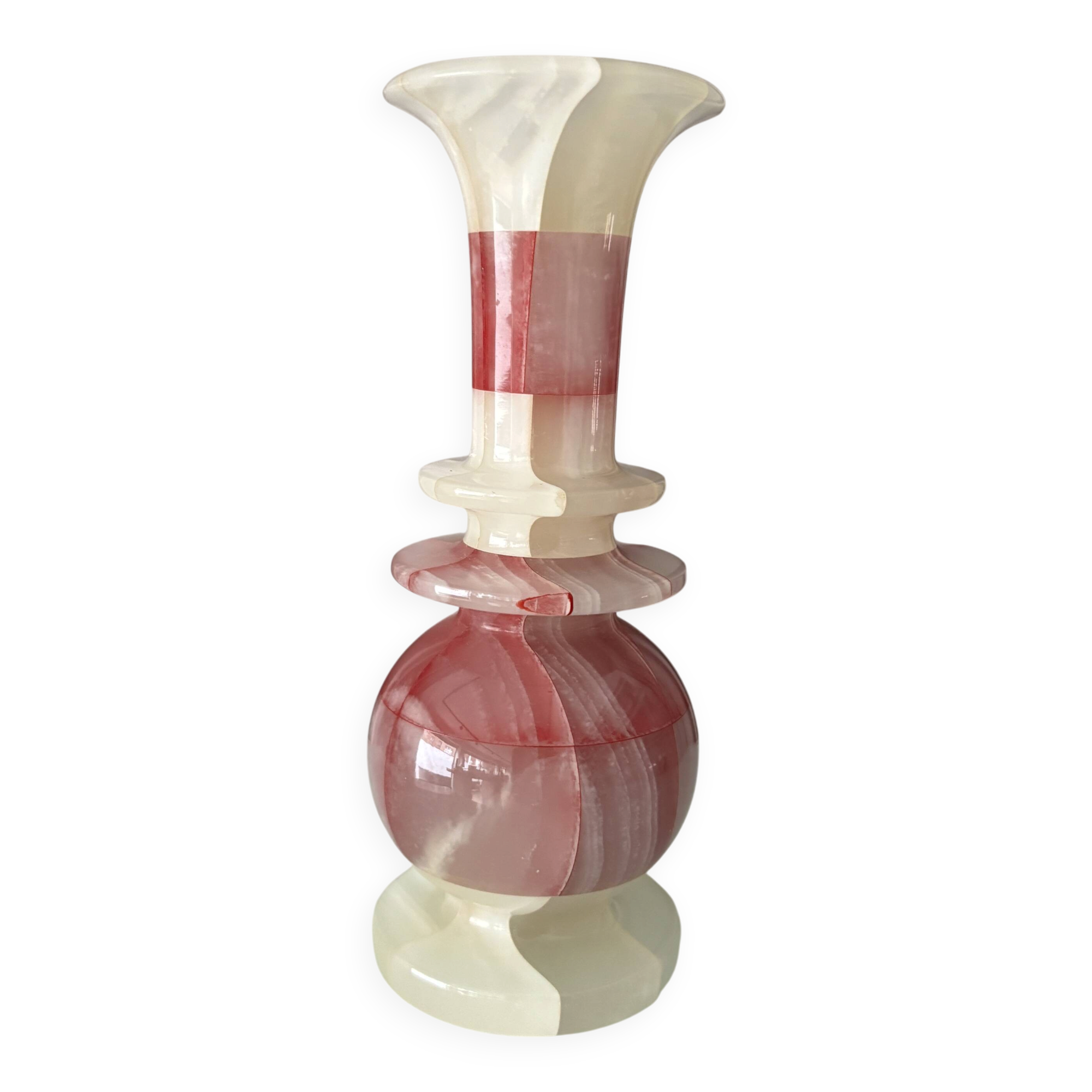 Vintage Patchwork Onyx Vase – Pink & White Stone, Handcrafted (ca. 1970s)