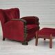 1950s, Danish armchair with footstool, furniture velour, ash wood.