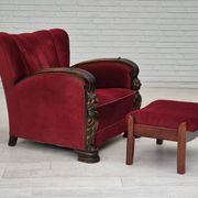 1950s, Danish armchair with footstool, furniture velour, ash wood.