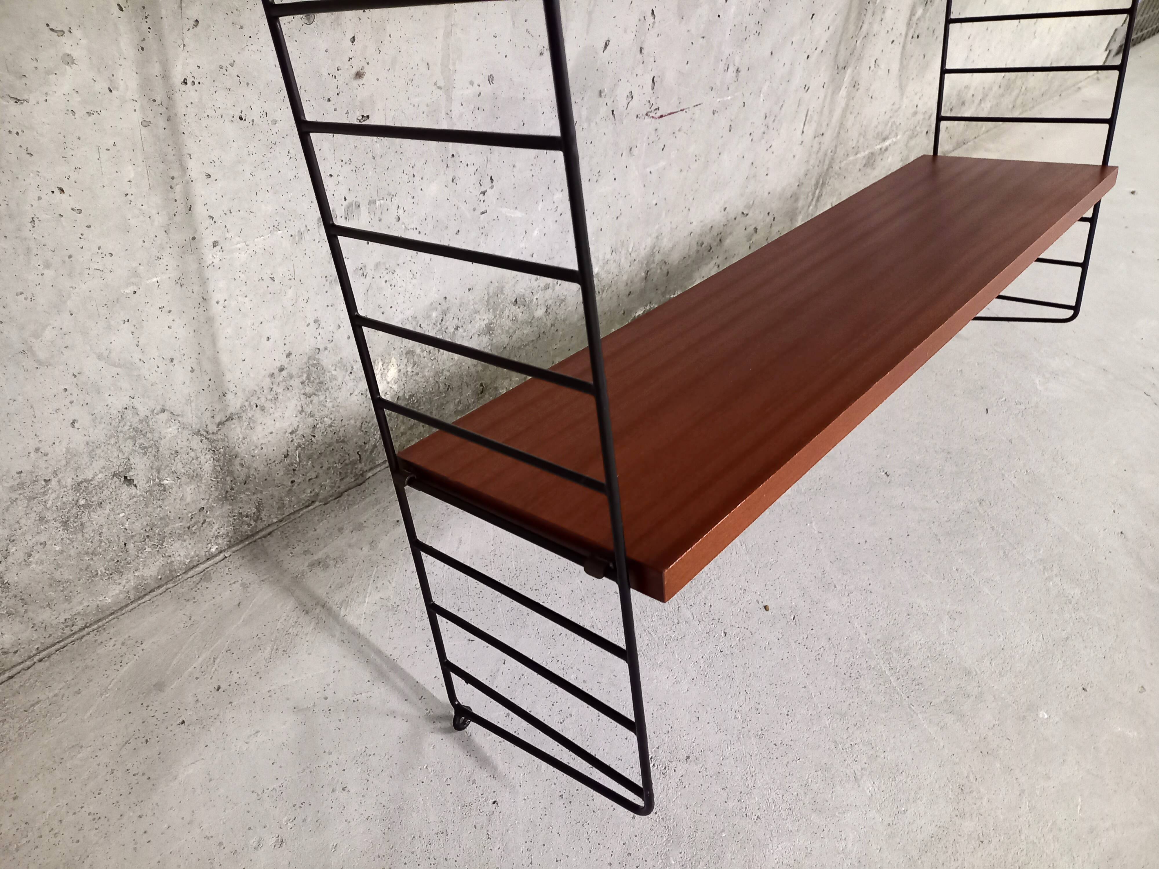 Vintage wall shelf in teak and black metal String Tomado style