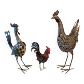 3 vintage metal roosters