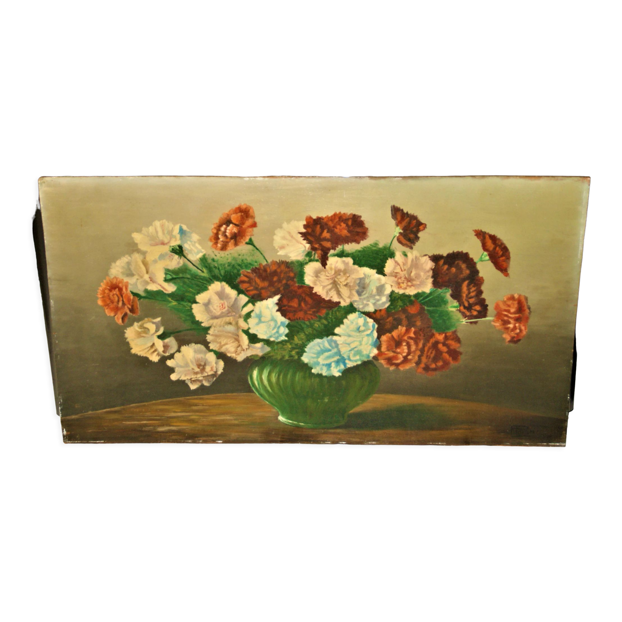 Oil on panel bouquet of carnations signed