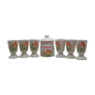 Set of 6 stoneware mazagrans for herbal tea & 1 herbal tea pot