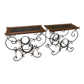 Pair of wrought iron and blackened wood consoles from the mid-20th century.