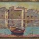 Huile sur panneau signée "barque amarrée " ecole française, 20ème