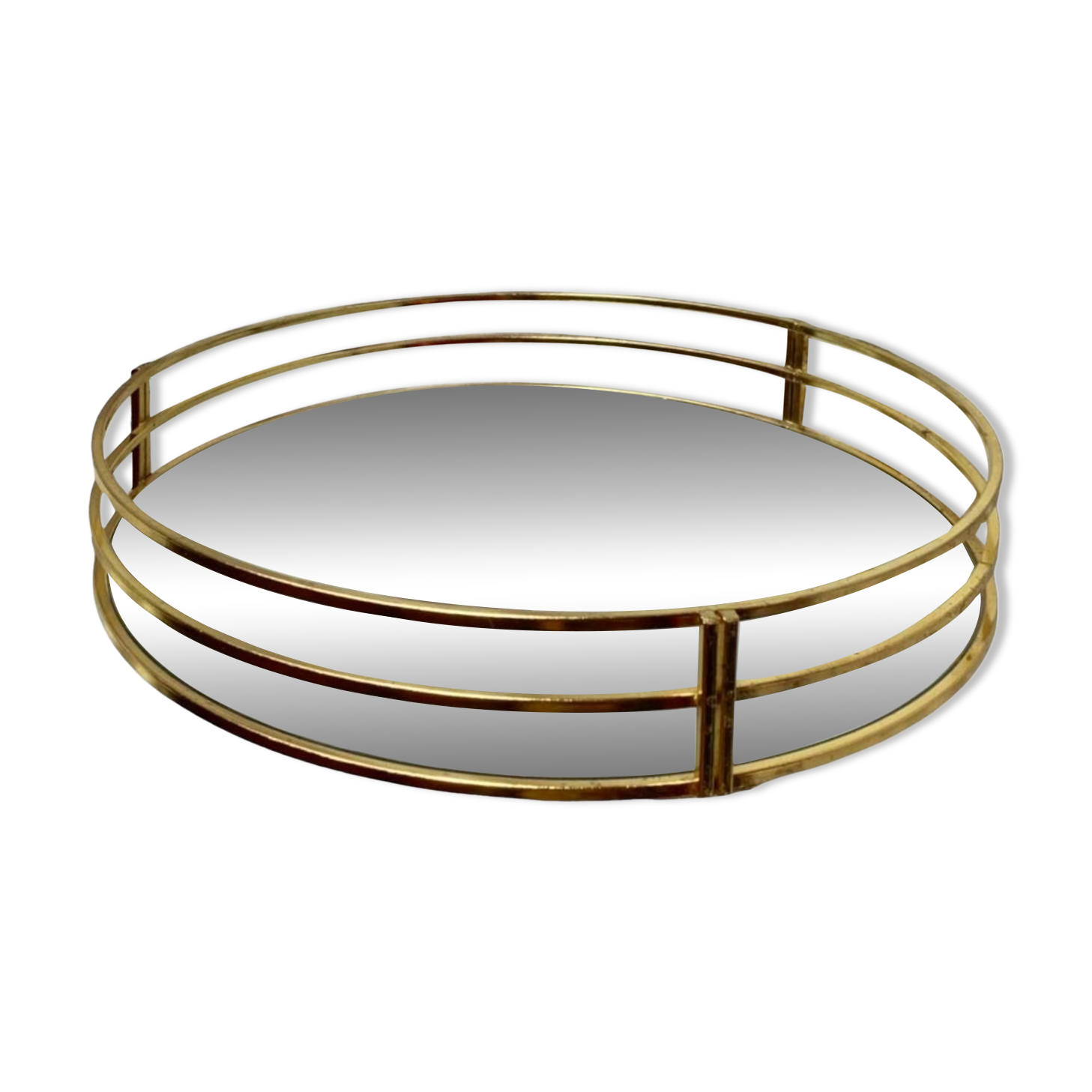 Vintage round tray in gold metal and mirror
