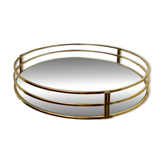 Vintage round tray in gold metal and mirror