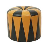 Round Vintage Pouf Orange Black Leatherette 1960s