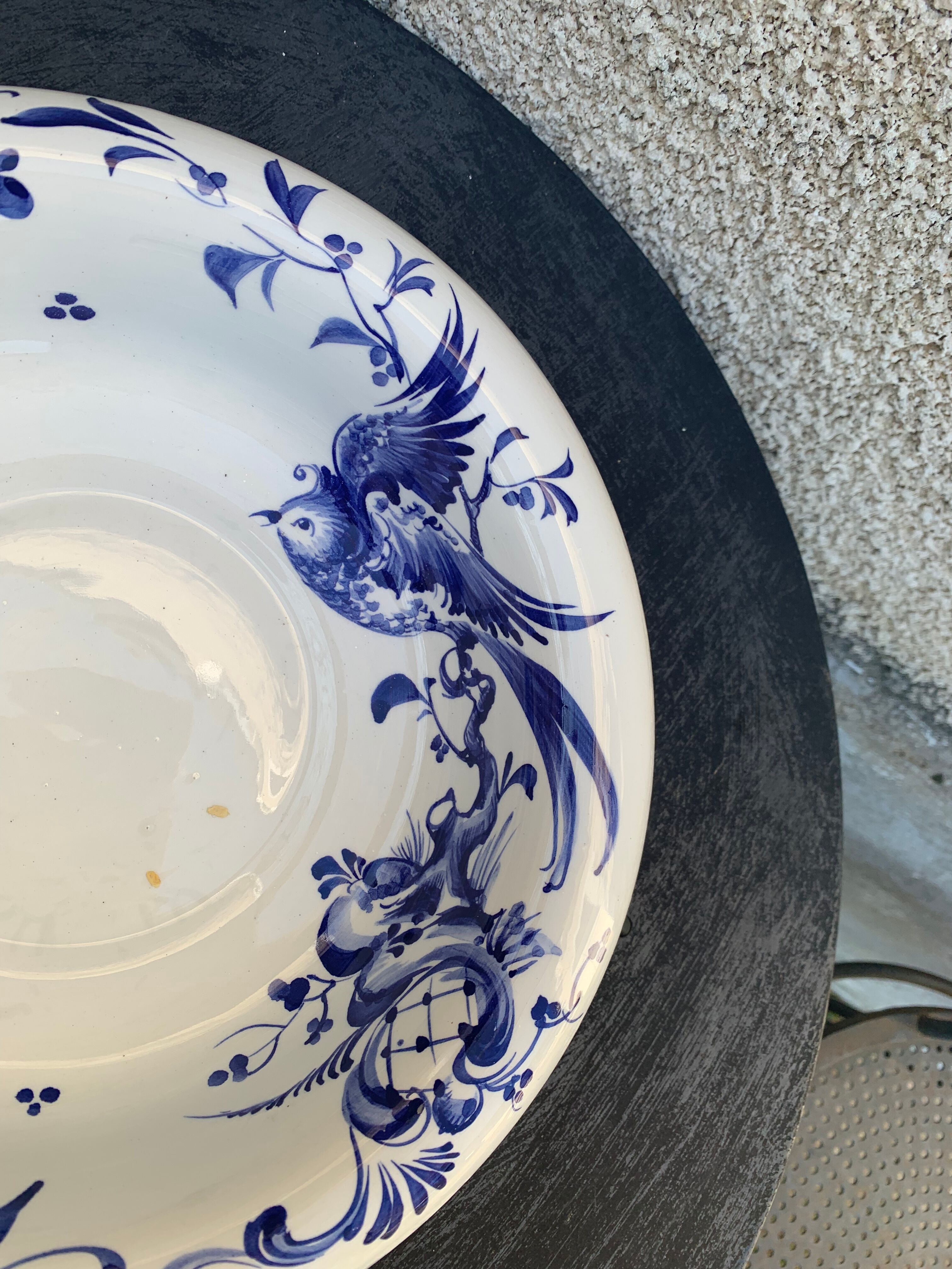 Hollow dish in enameled ceramic bird pattern hand painted Portugal numbered