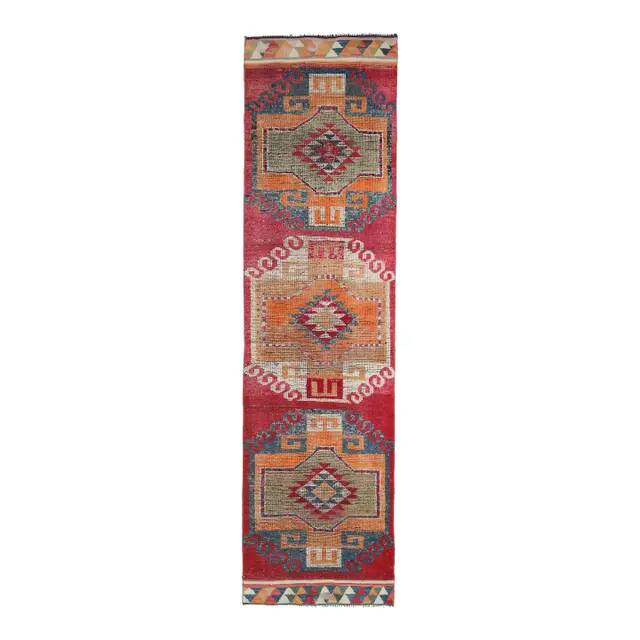 Vintage Turkish Hand-Knotted Wool Cotton Pink Runner Rug 94x358