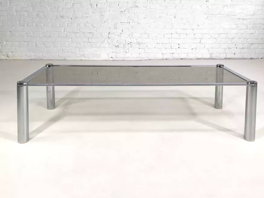 Rectangular coffee table from the 70s in chrome steel and smoked glass top