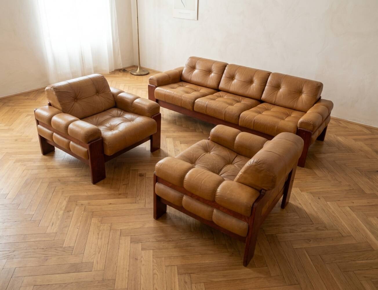 Czechoslovak Vintage Leather Living Room Set, Attributed to Dřevotvar, 1970