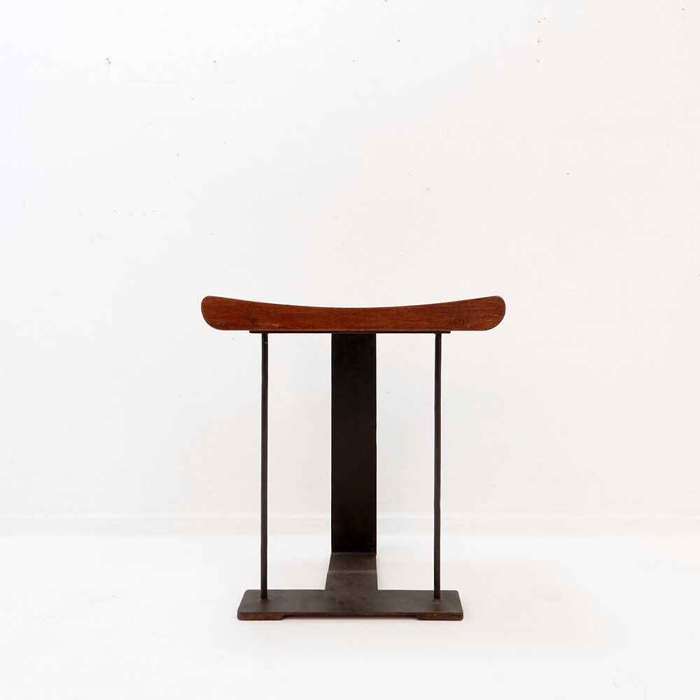 Vintage wooden and metal stool in the style of the "T" model by Pierre Chareau.