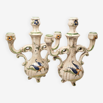 Paire de 2 bougeoirs chandelier faïence capodimonte italie style moustier