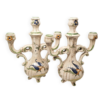 Paire de 2 bougeoirs chandelier faïence capodimonte italie style moustier