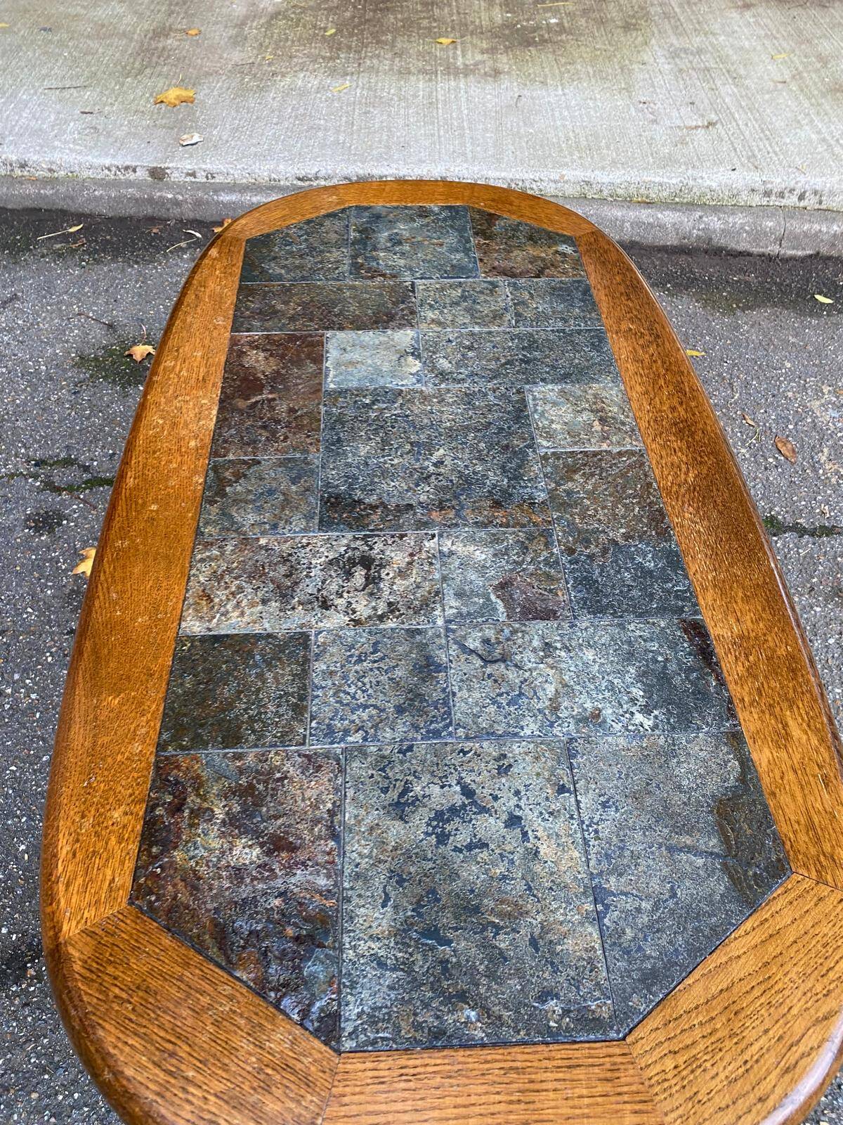 Oval coffee table in solid wood and stone, 115x58