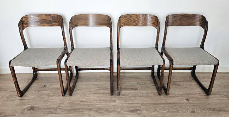 Set of 4 vintage Baumann "Sled" chairs in bent wood.