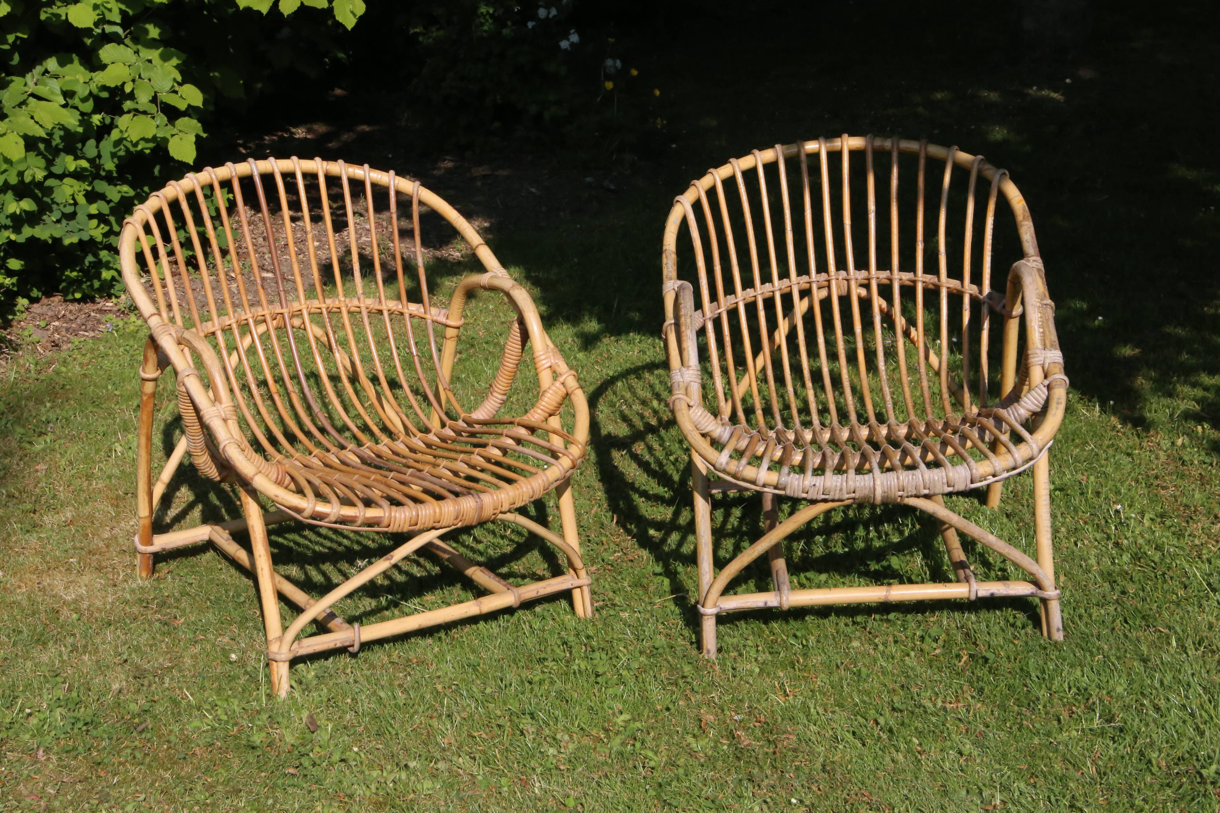 Pair of rattan basket armchairs, 60s