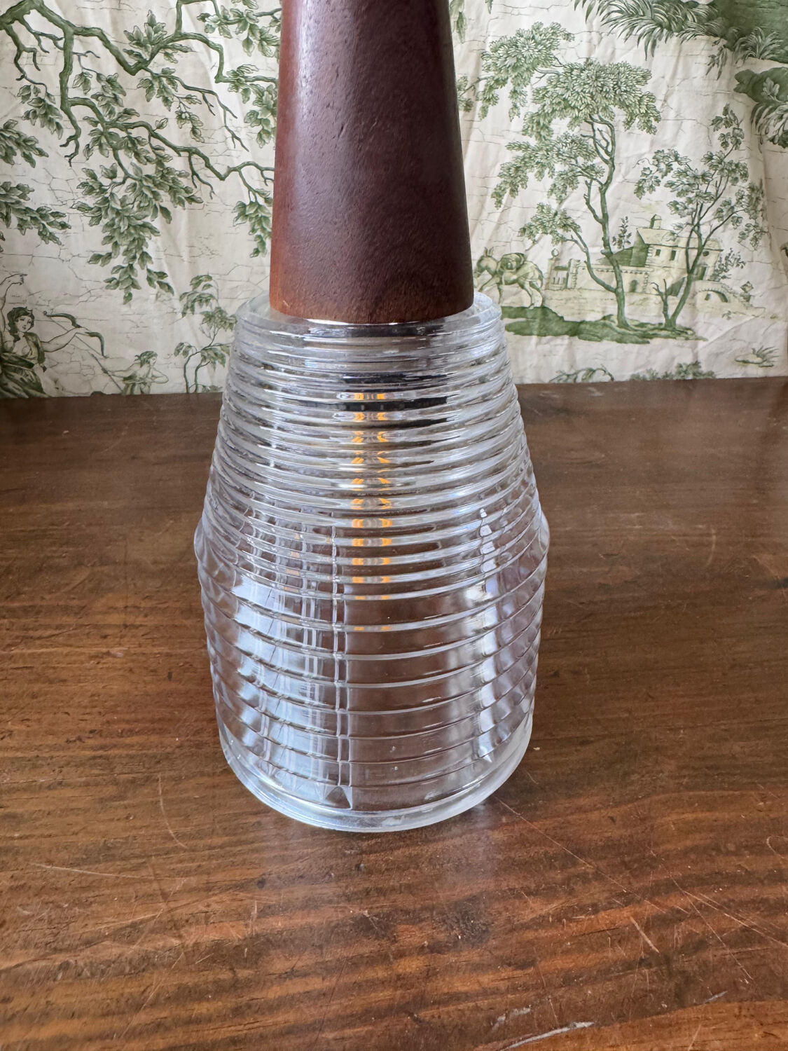Vintage Scandinavian teak and holophane glass pendant light. 50s/60s