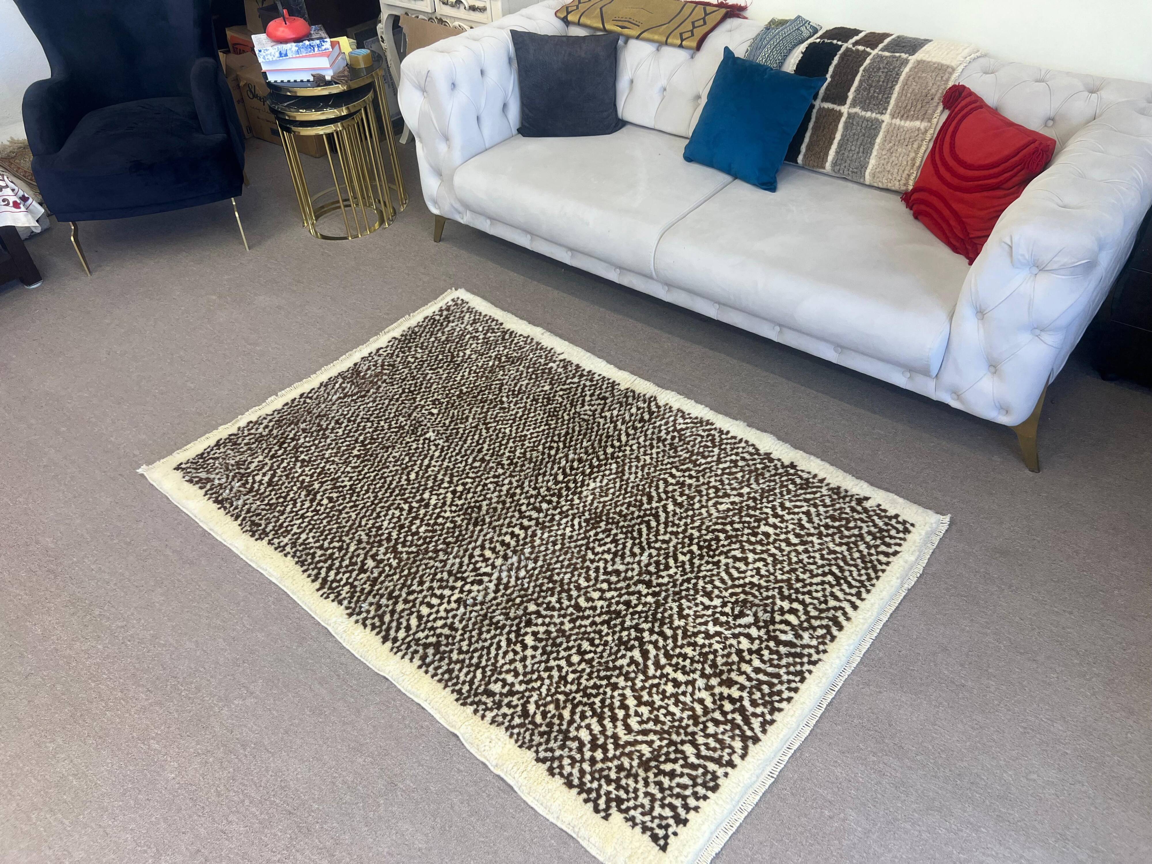 Handmade Tulu Rug, 100% Natural Un-Dyed Wool. Cream and Brown. Custom Options Available