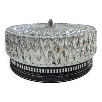 Ancien plafonnier argent verre diamanté 1960 Haussmannien 30 cm