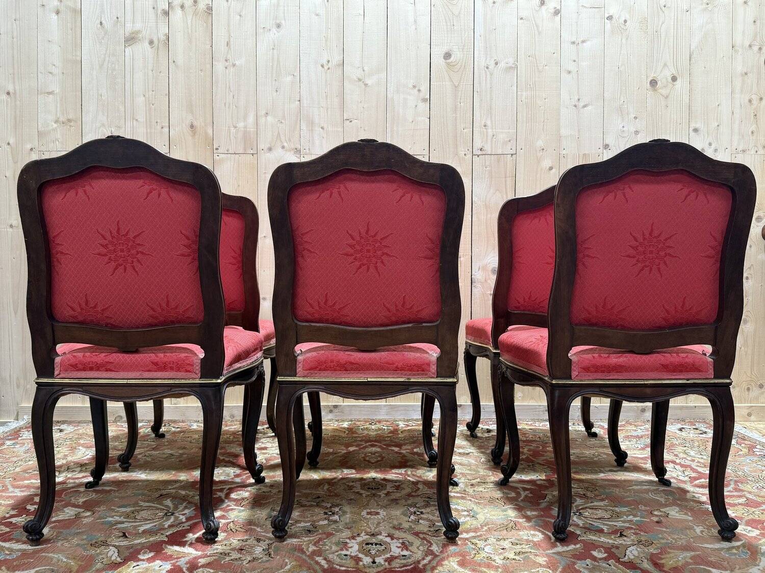 Set of 6 Louis XV style chairs in walnut and brass.