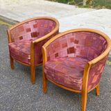 2 club chairs in curved solid wood and embroidered silk burgundy fabric.