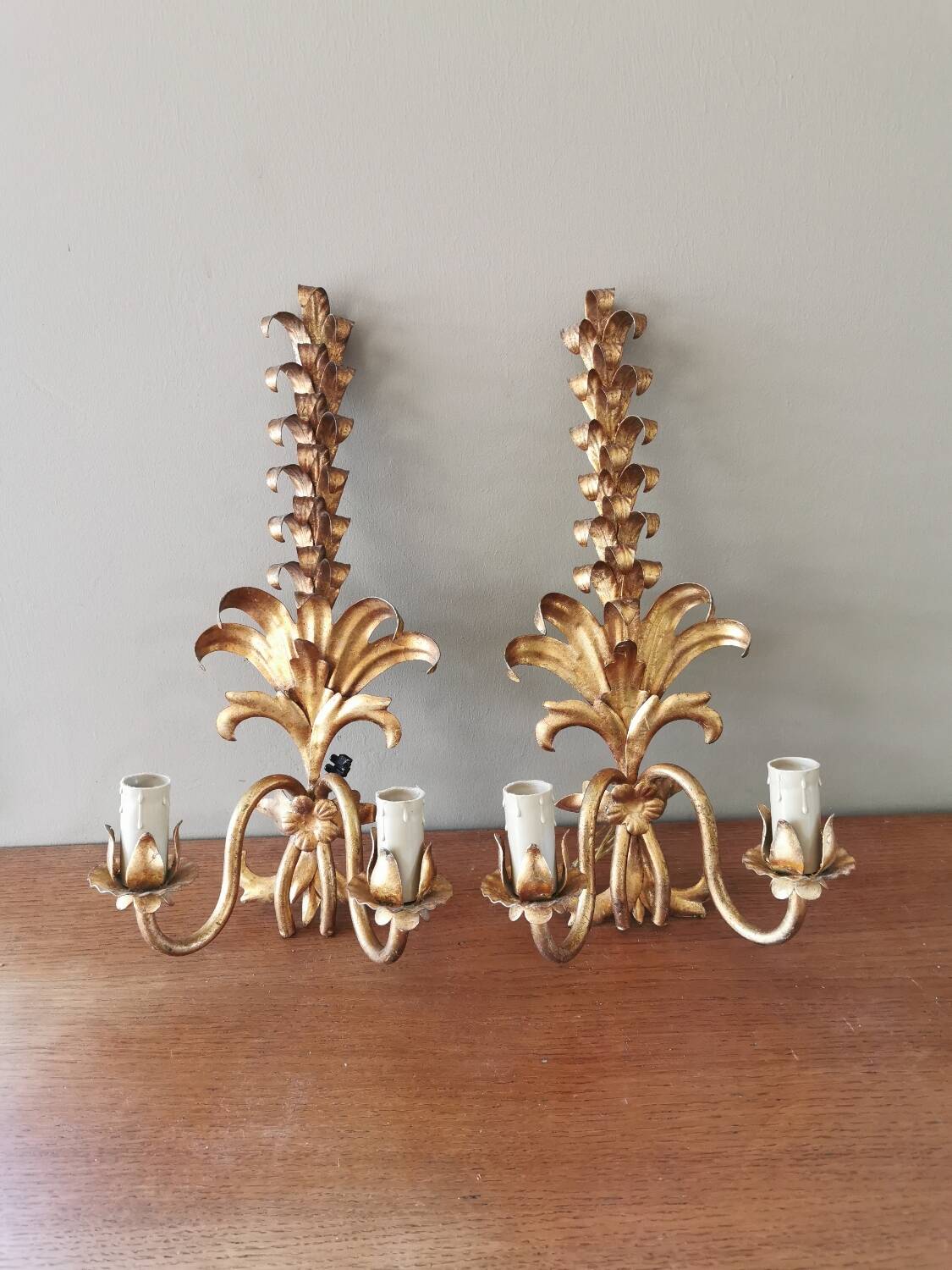 Pair of vintage 70s wall lights in gold metal