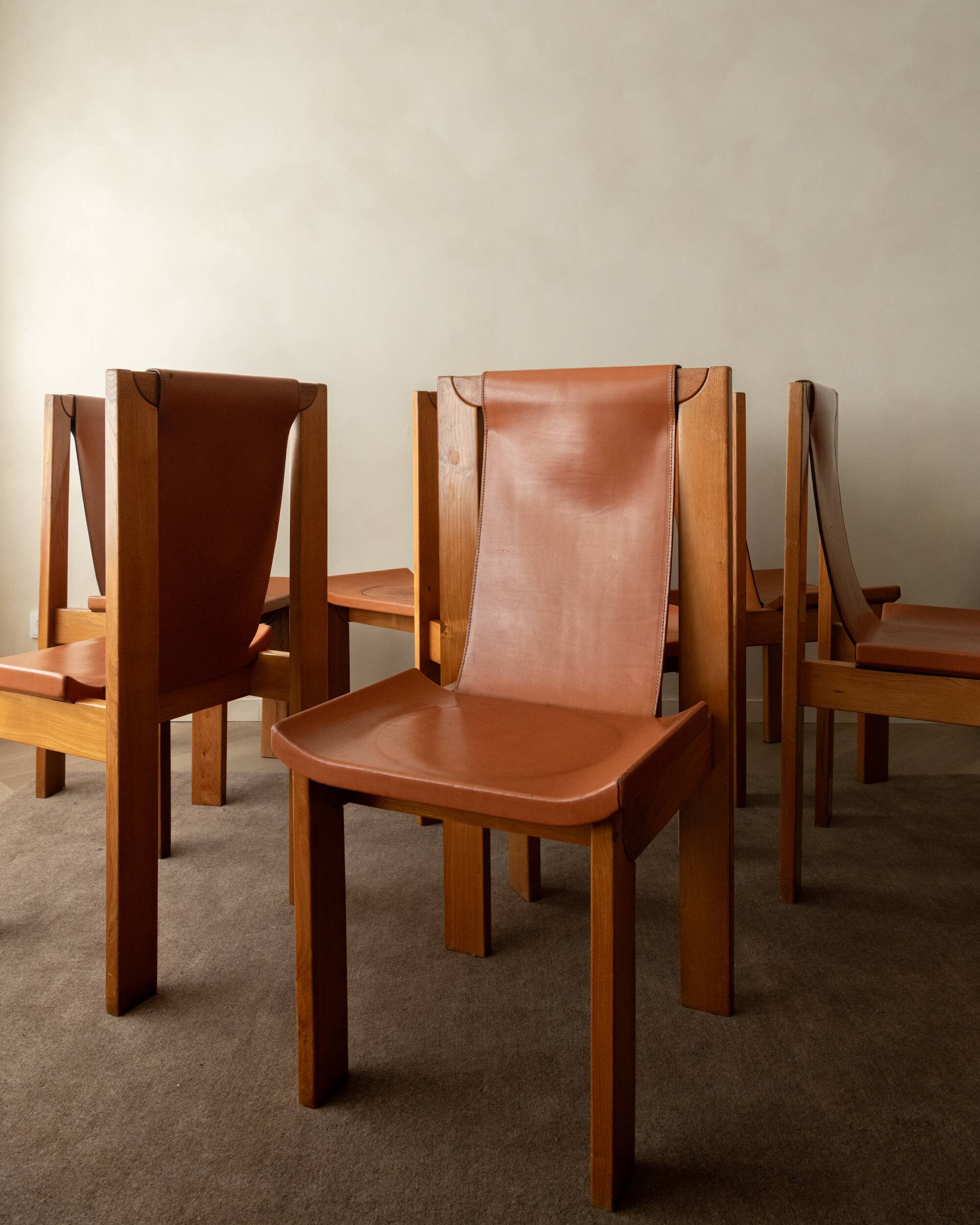 Wood Leather Dining Chairs Luigi Gorgoni Roche Bobois, 1970s, Set of 7