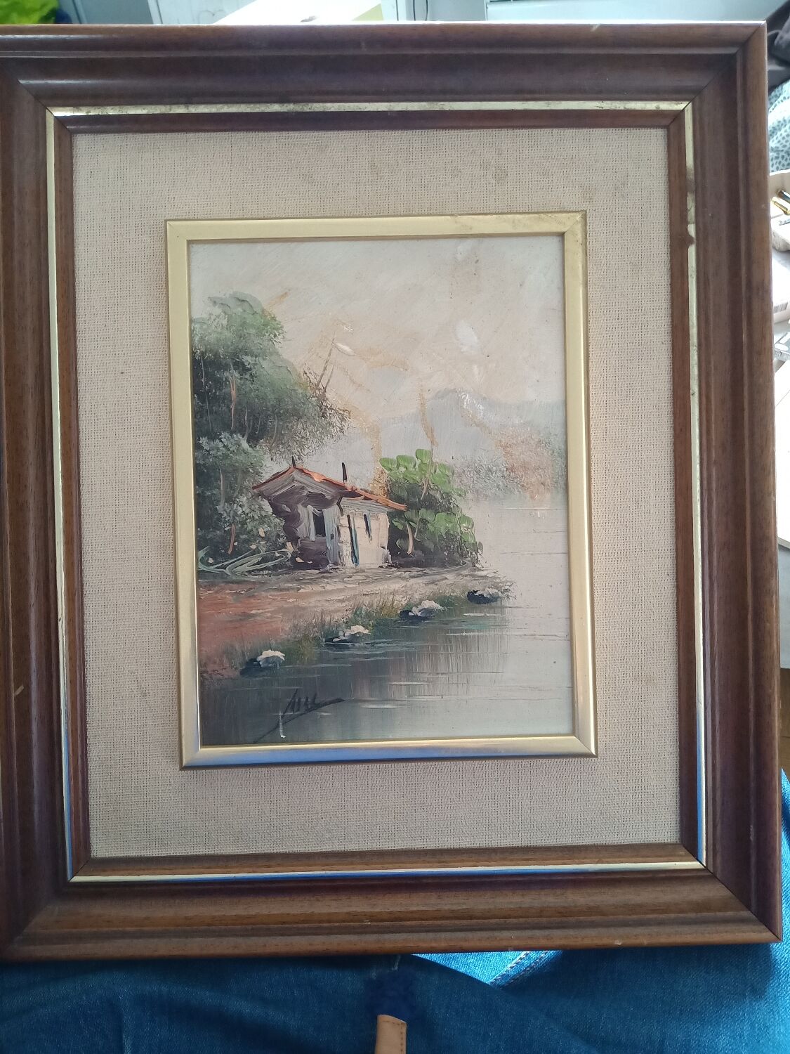 Painting on panel an abandoned house by a river signed