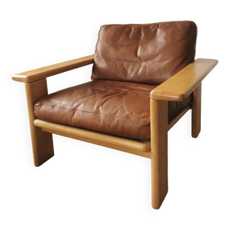 Armchair in leather and raw oak, Scandinavian design